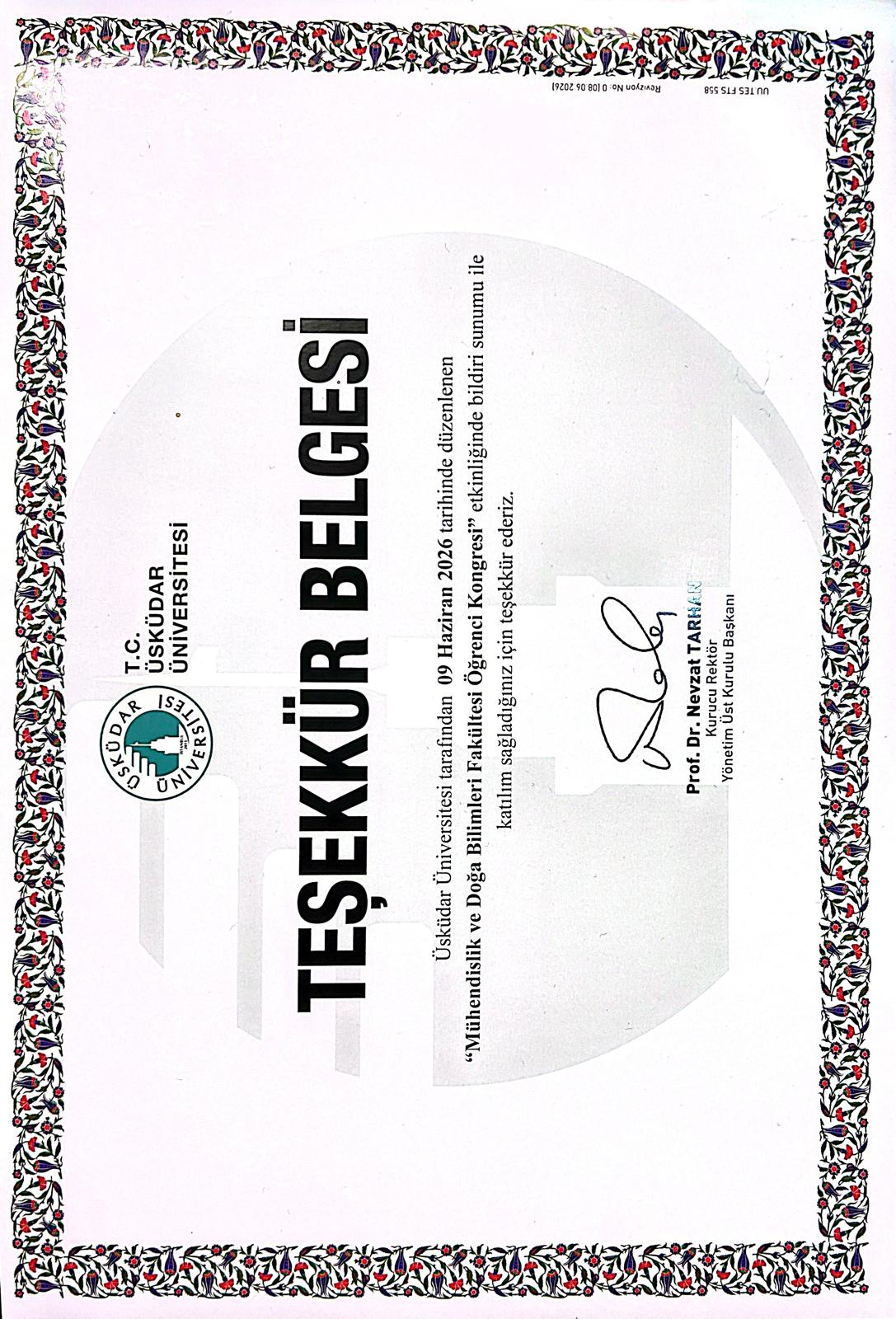 Teşekkür Belgesi — Üsküdar University Student Congress